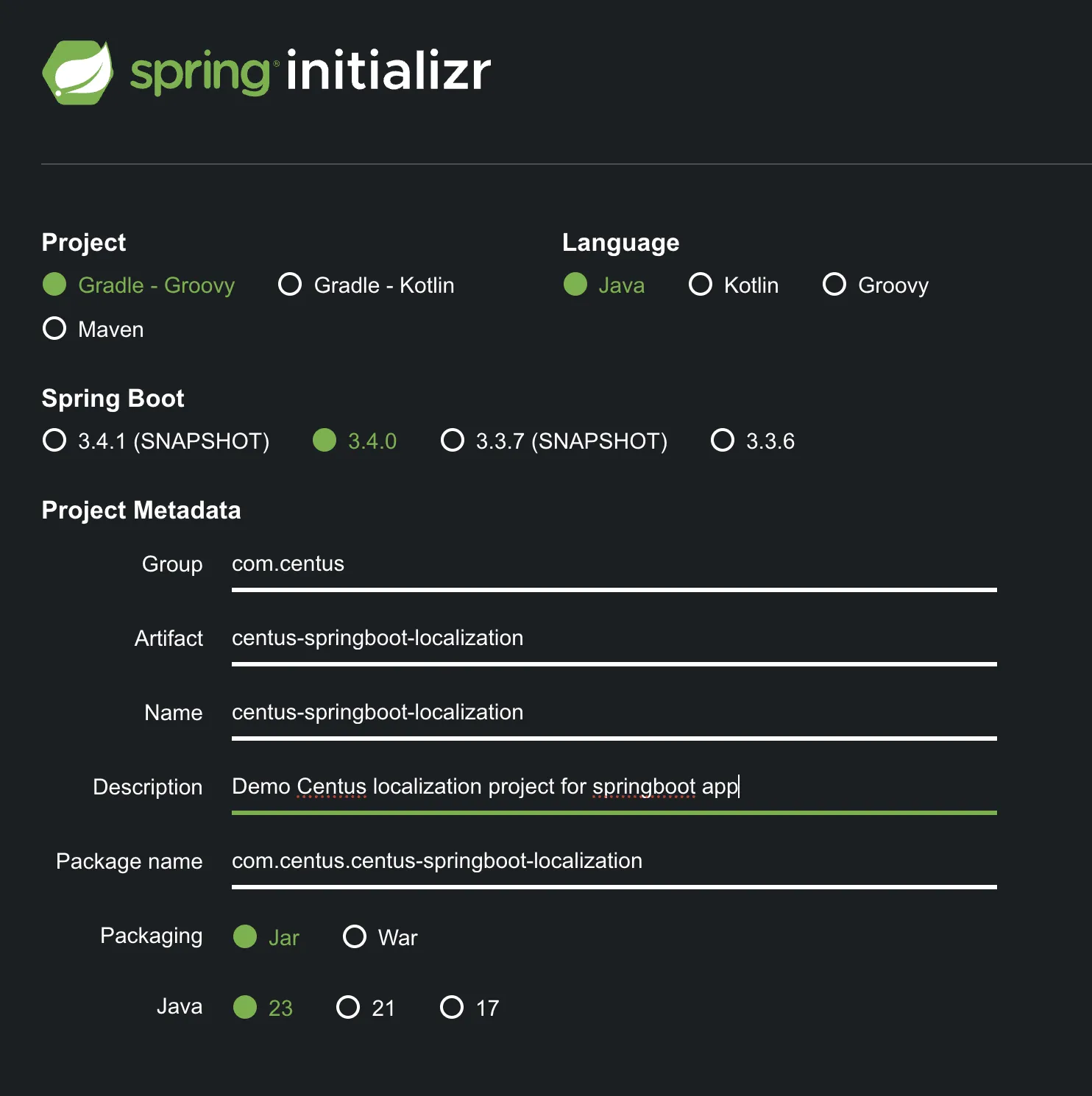 Spring Initializr settings
