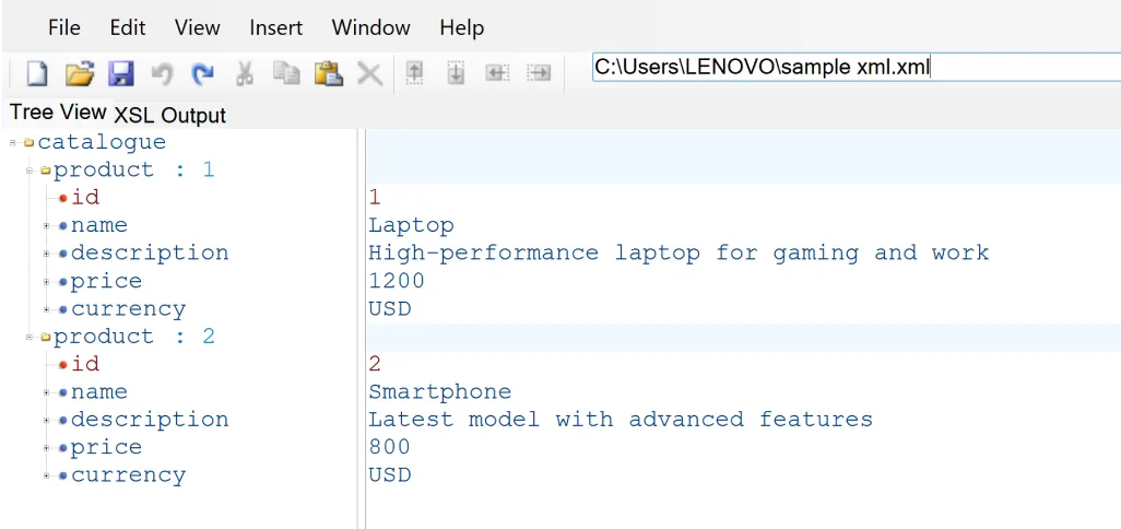 XML Notepad showing an XML file