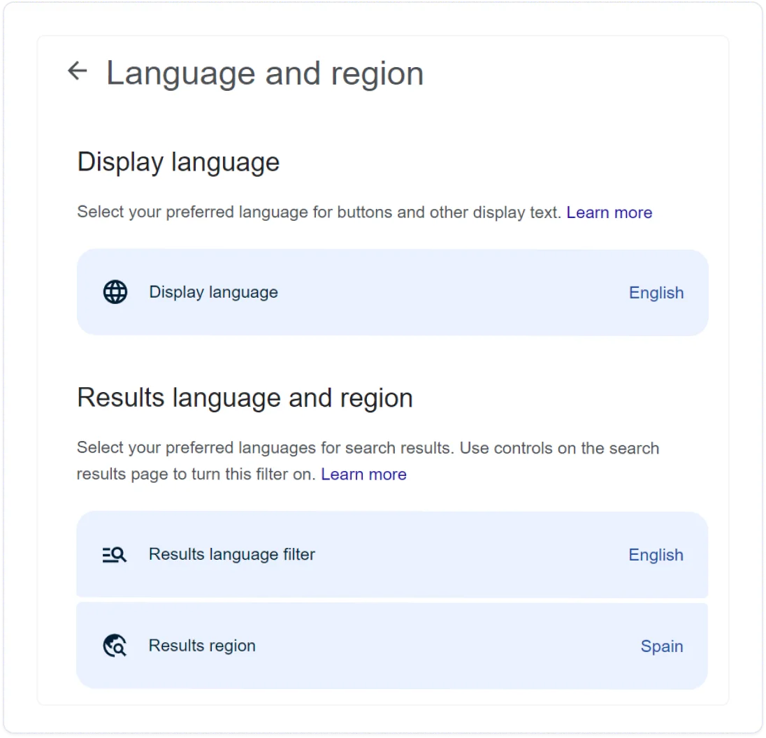 Screenshot of Google region settings