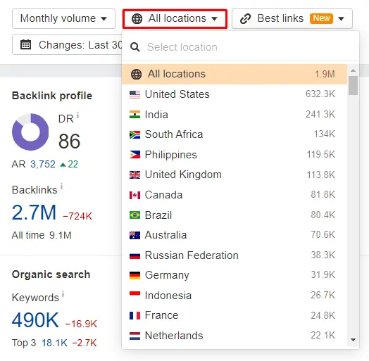 تصفية الموقع في Ahrefs.webp