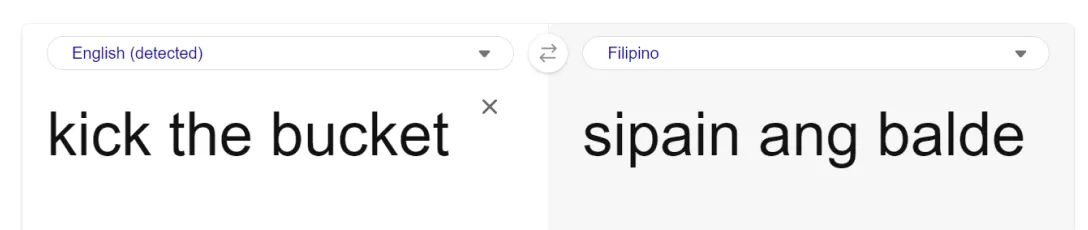 Microsoft Translator UI showing translations of the"Kick the bucket" idiom