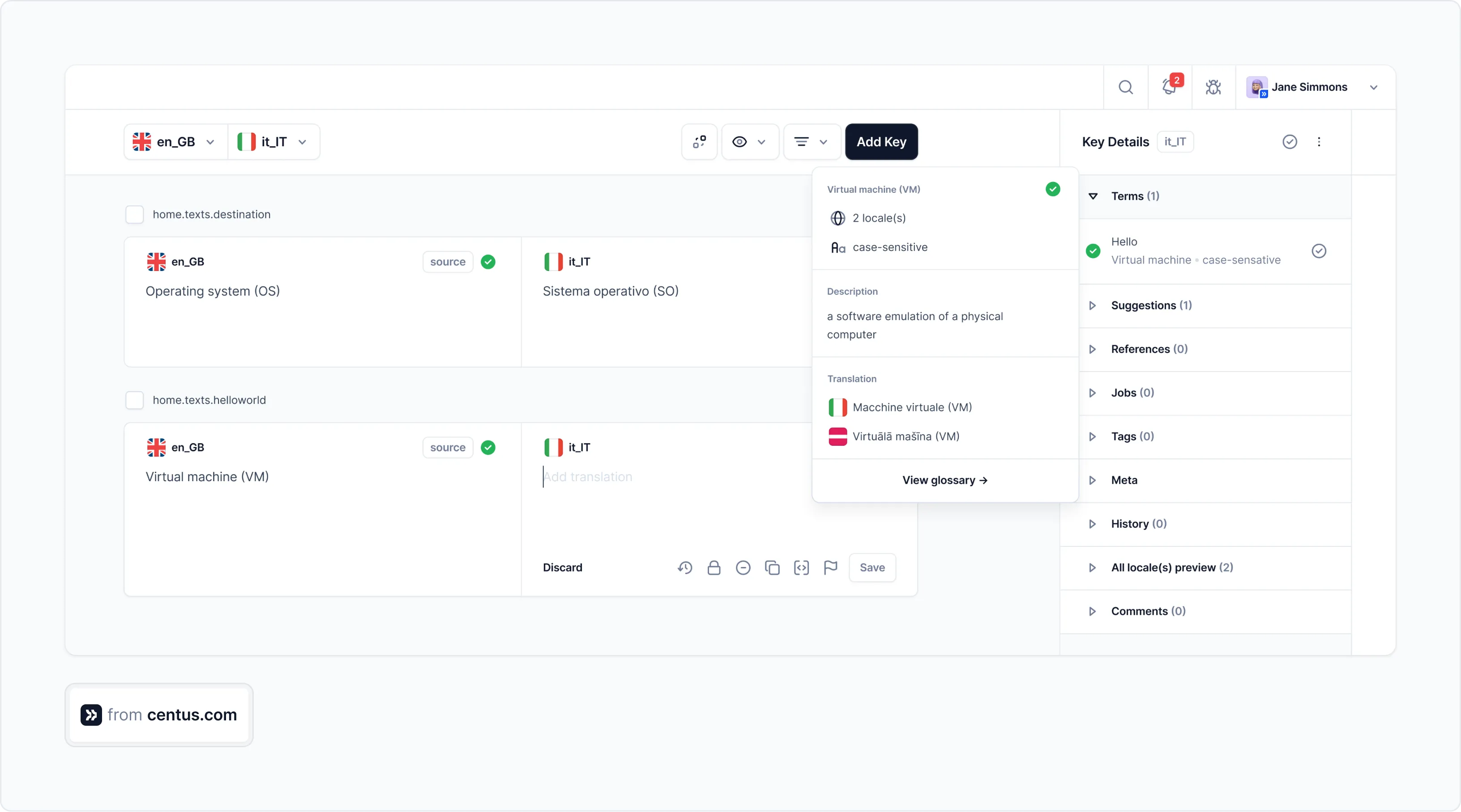 Centus translation management platform interface