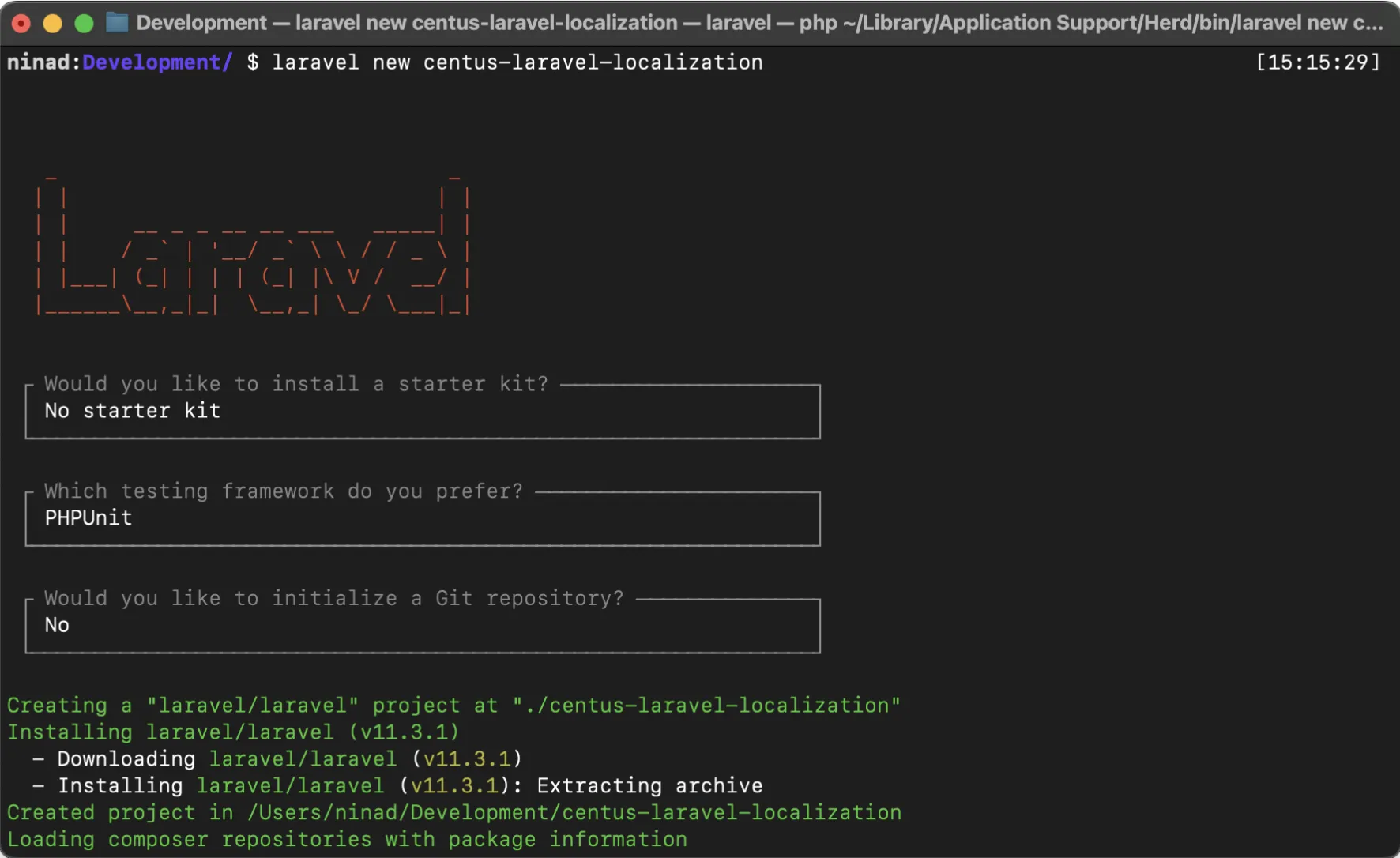 creating a new Laravel project