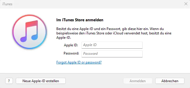 German version of iTunes login modal