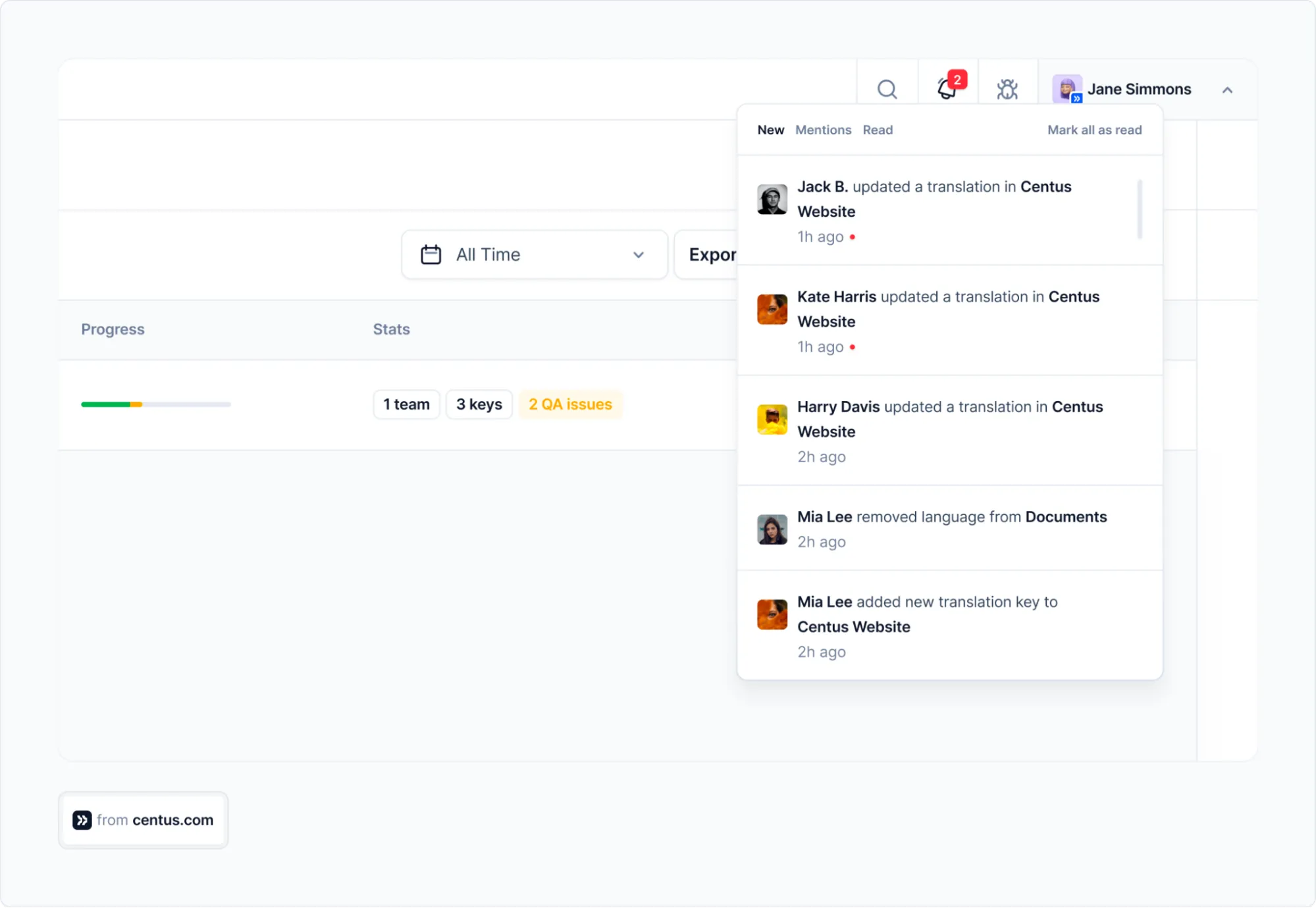 notification panel in Centus