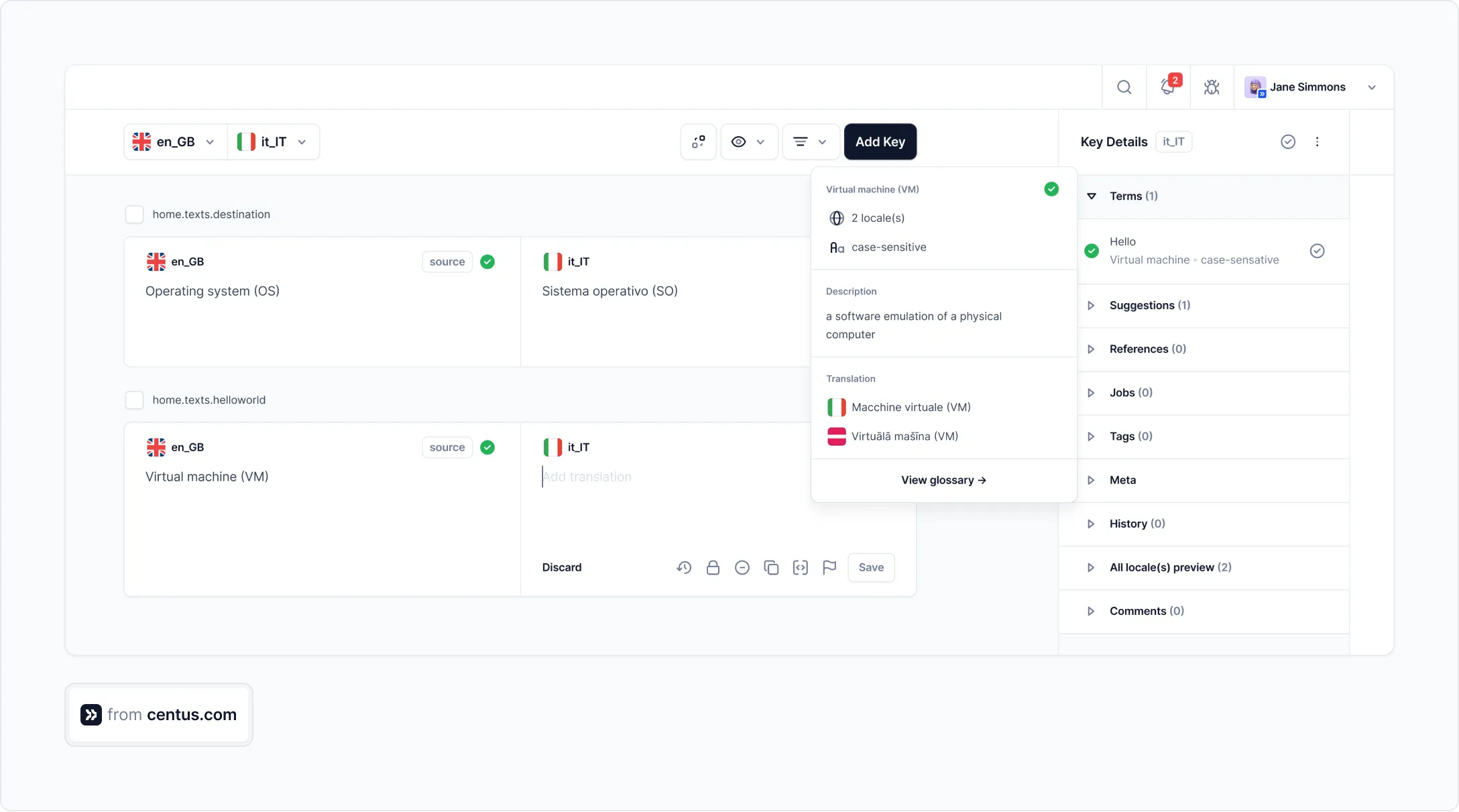 glossary suggestions in Centus
