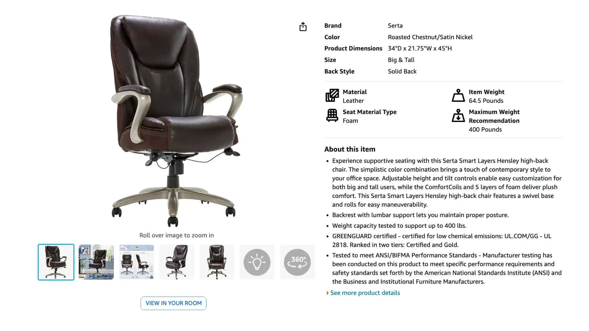Amazon’s English product description of an office chair