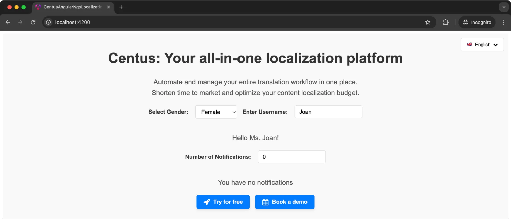 localization of genders in the demo Angular app