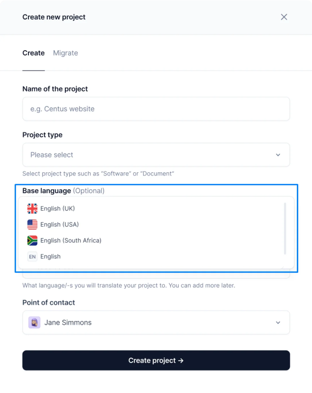 choosing languages in Centus