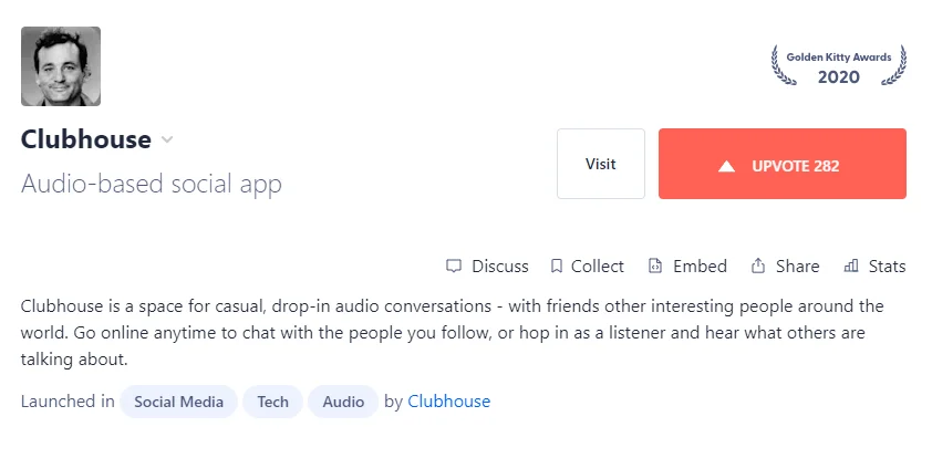 A screenshot of Clubhouse’s Product Hunt Launch in 2020