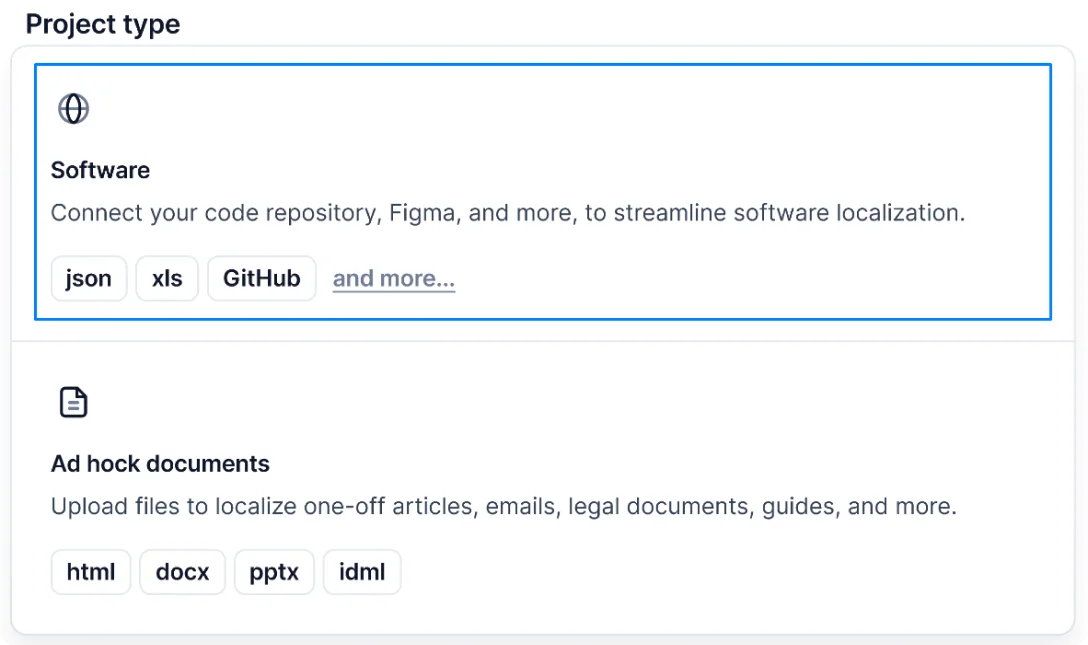 choosing a project type in Centus