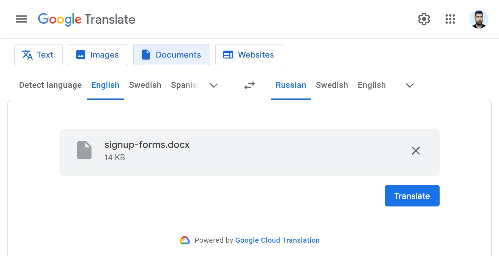 Google Translate’s document translation step 2