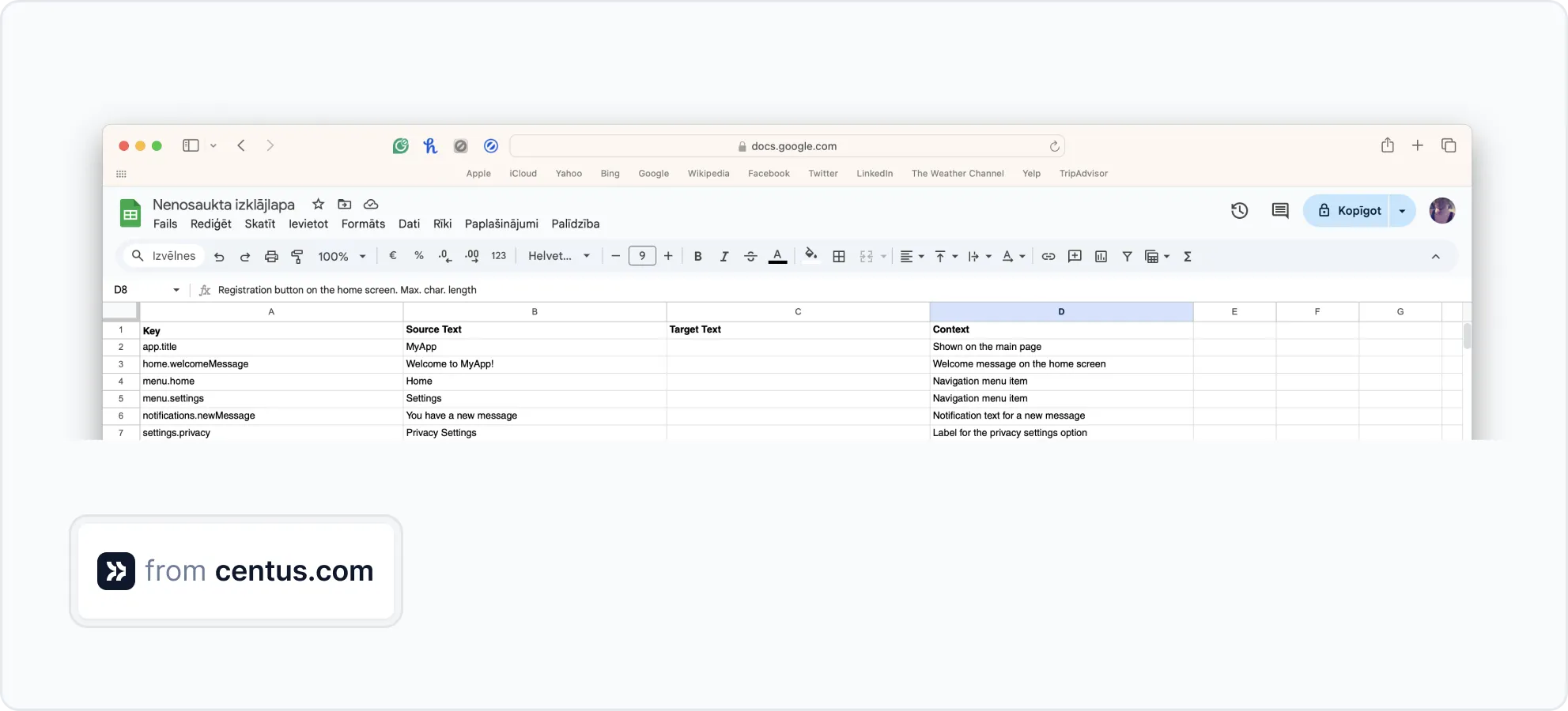 localization key formatting for an Excel file