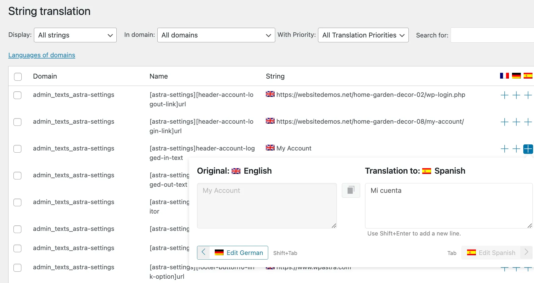 WPML String Translation screen