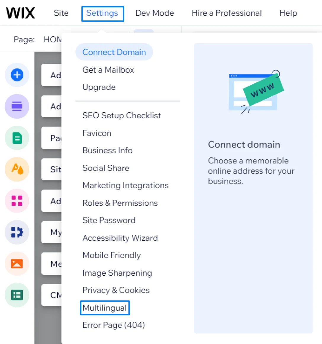 Screenshot of Wix Editor menu bar