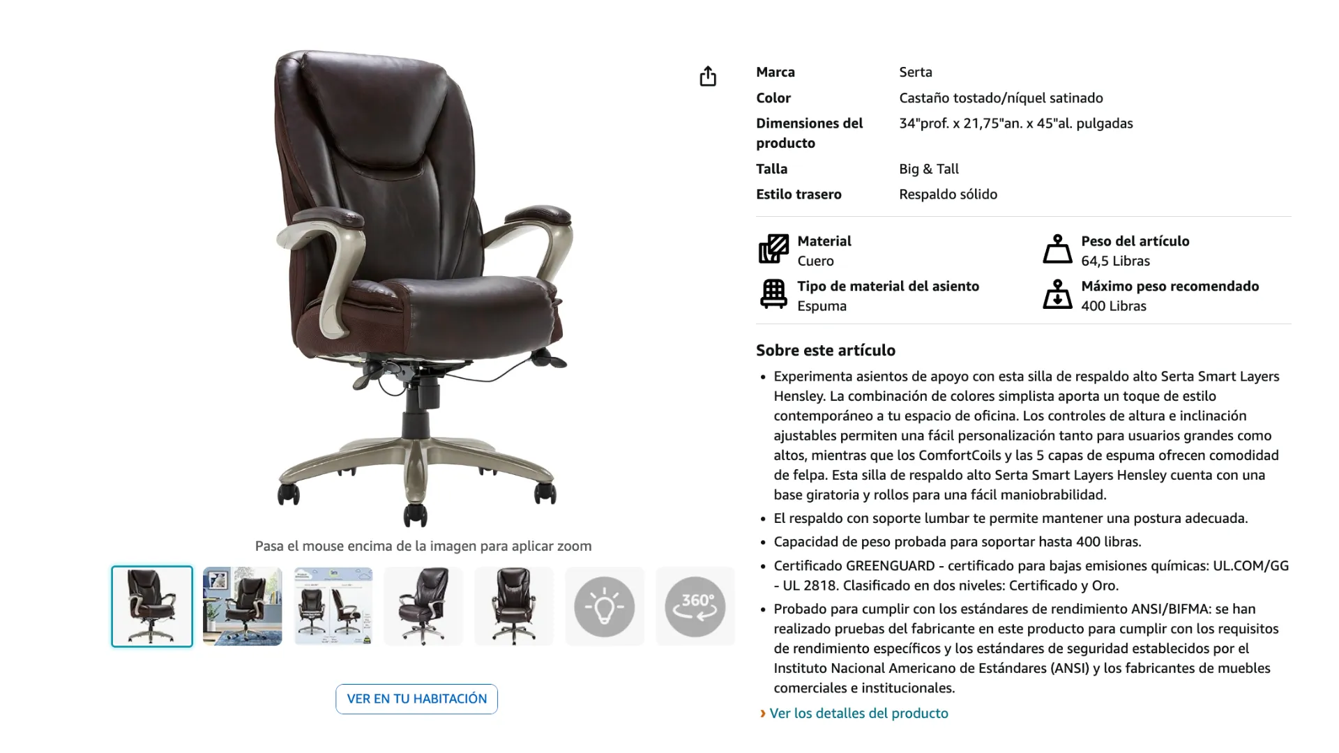 Amazon'Spanish product description of an office chair