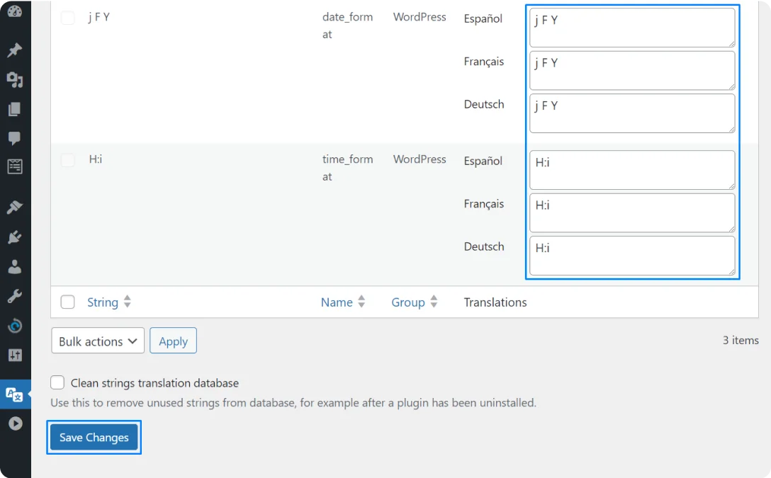 WordPress page showing Polylang string translations