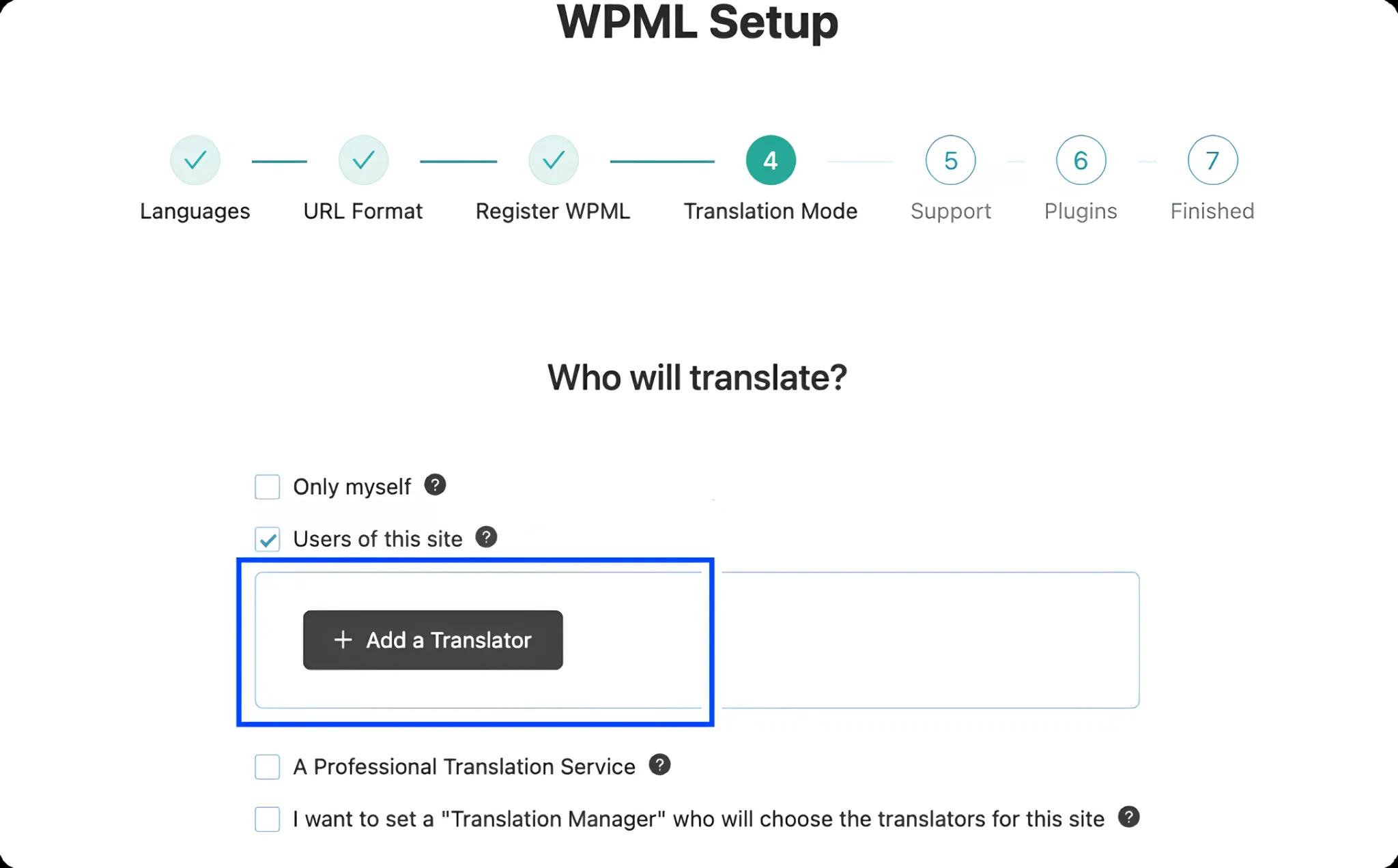 WPML Setup Wizard showing translator role settings