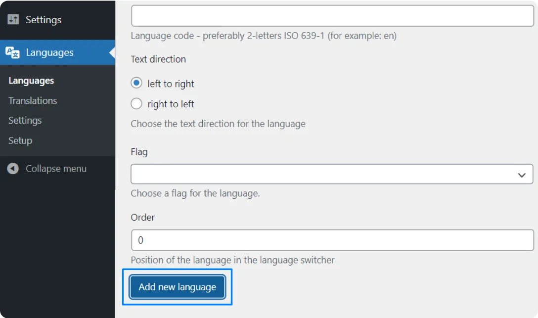Polylang setup wizard showing language selection