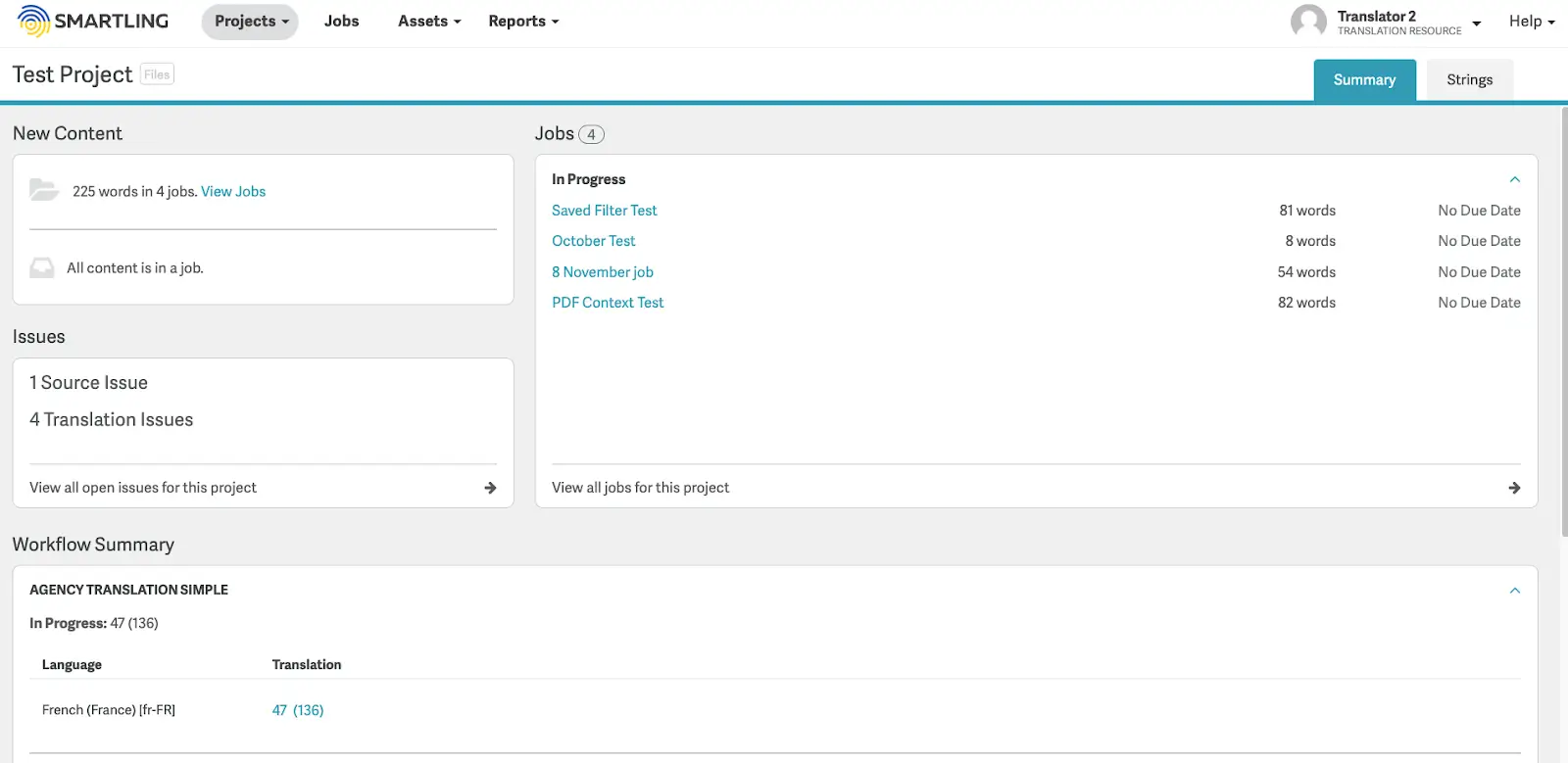Smartling dashboard with translation workflow overview