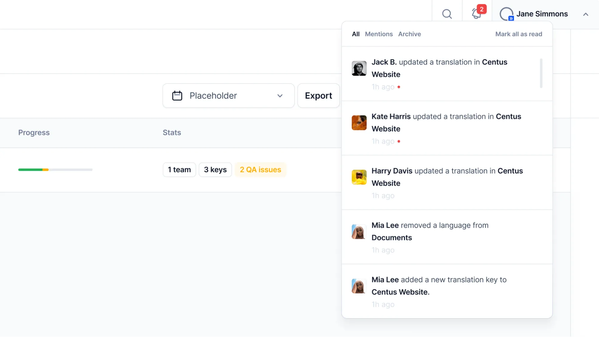 notification panel in a TMS