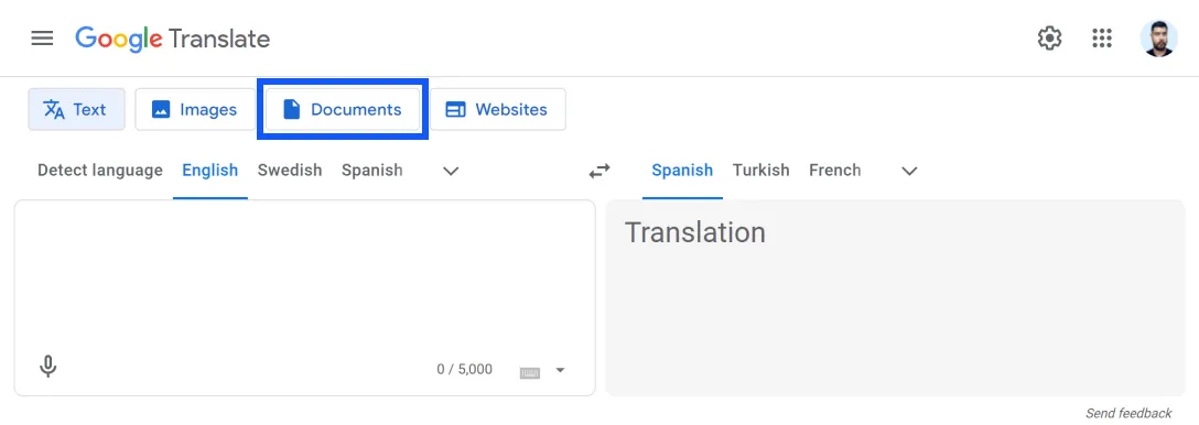 TXT translation in Google Translate step 1