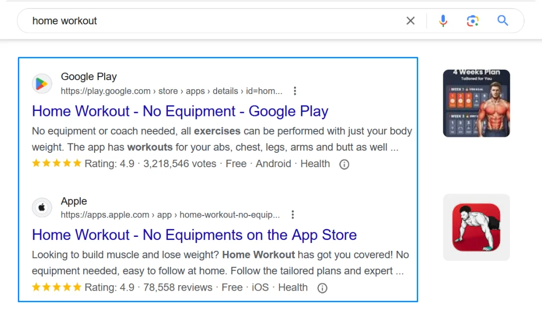 Google search results page for workout apps