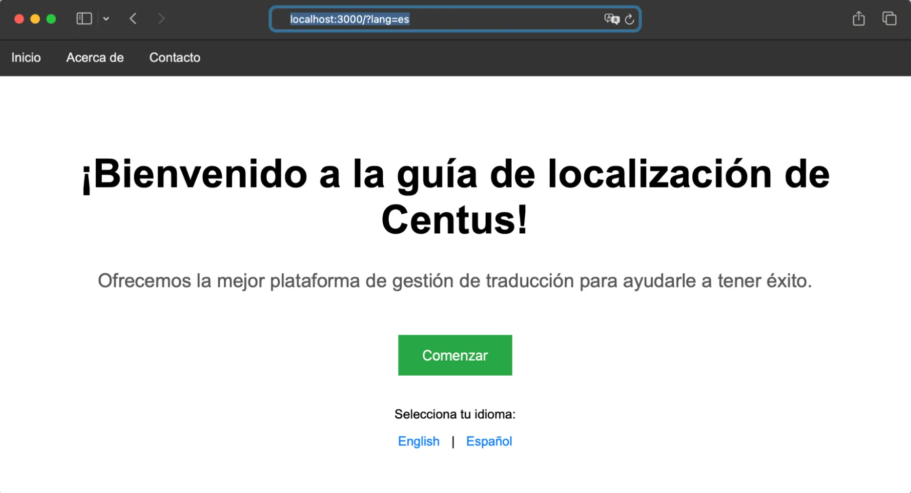 Spanish version of the welcome message in the demo app
