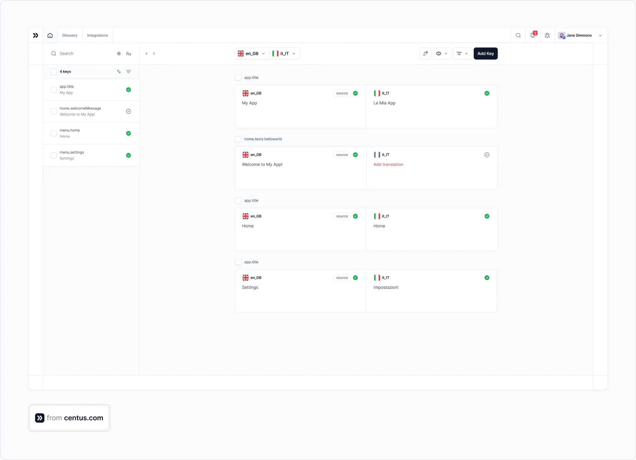 Centus editor with translation strings imported from an XLSX file