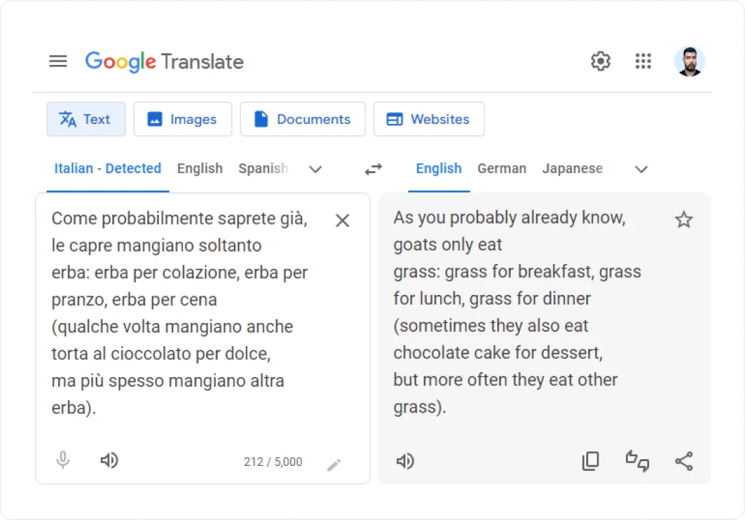 Genauigkeit von Google Translate Italienisch Englisch
