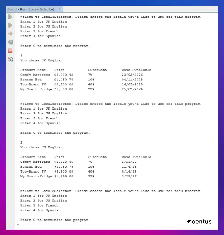 Example output from the LocaleSelector program