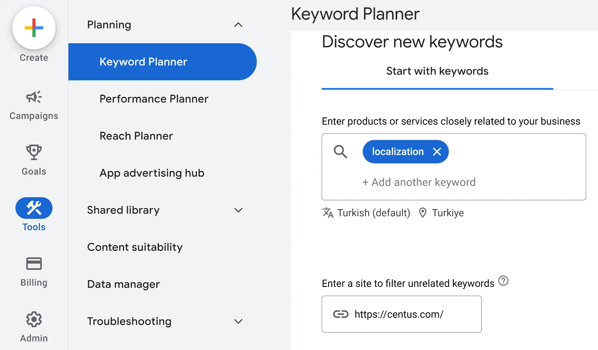Google Kyeword Planner's keyword discovery feature