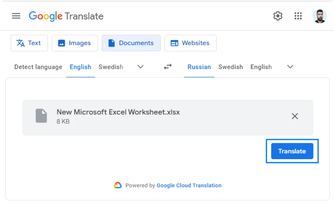 translation of Excel documents in Google Translate step 2