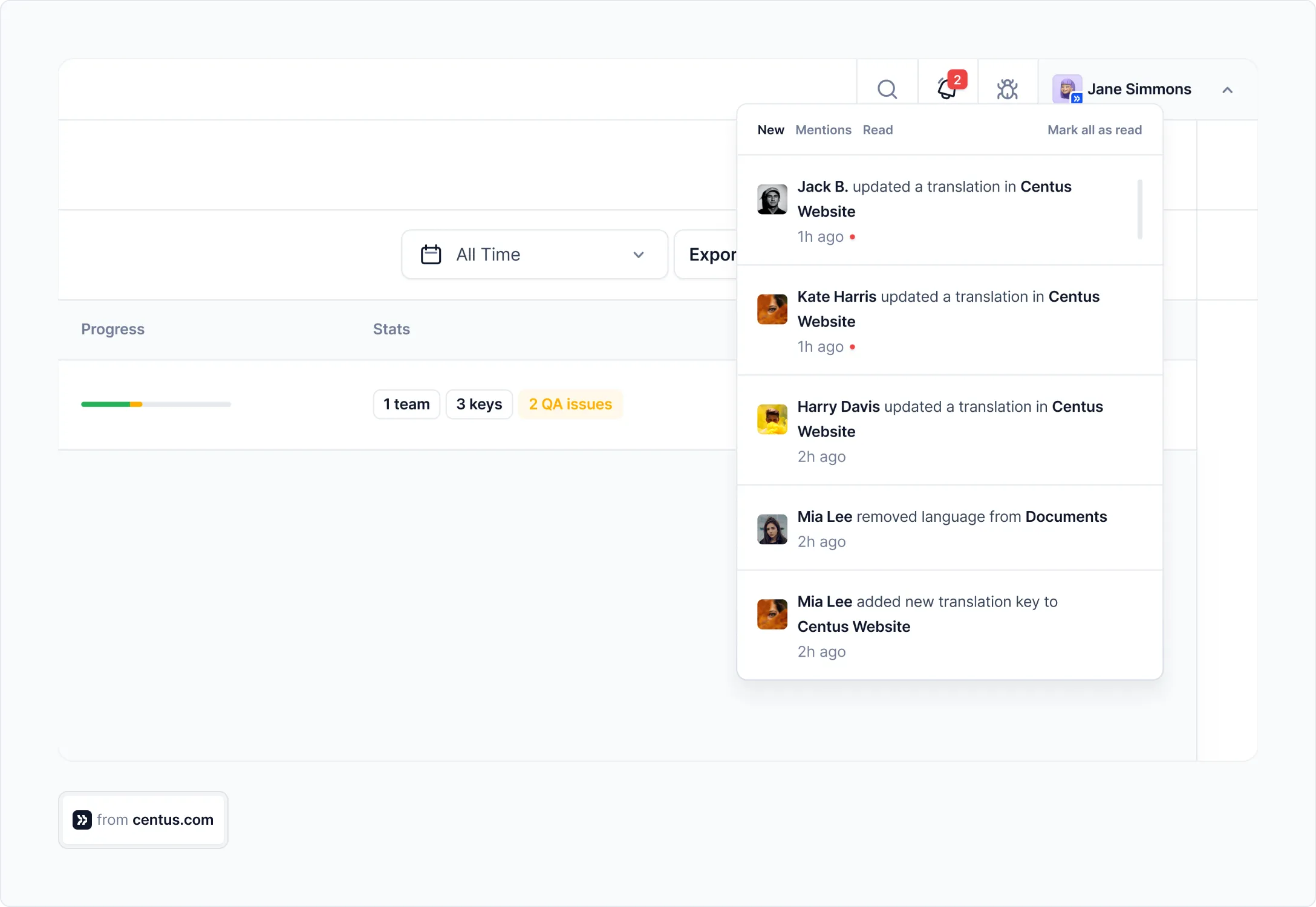 notification panel in a TMS