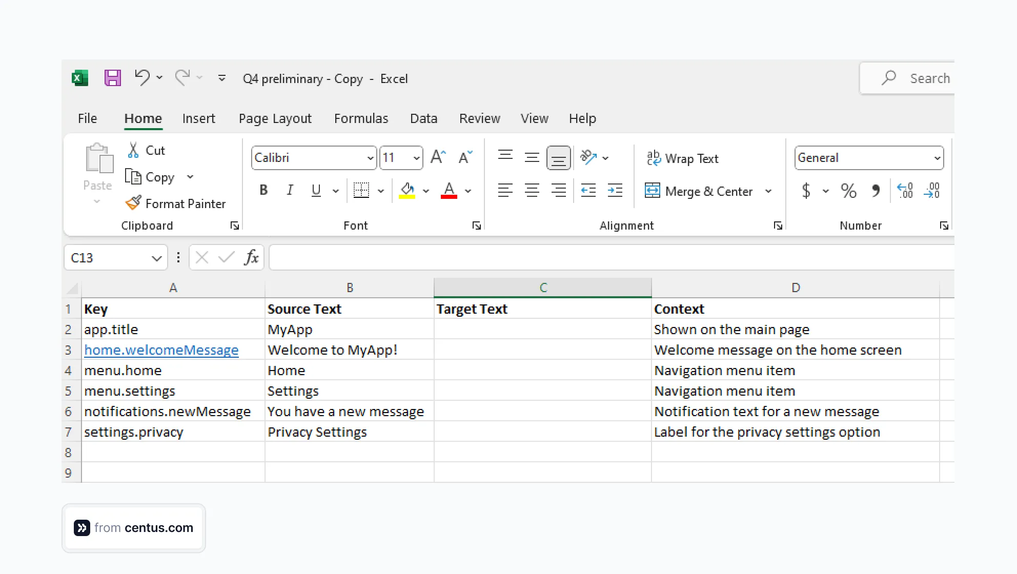 arranging strings for translation in an Excel document